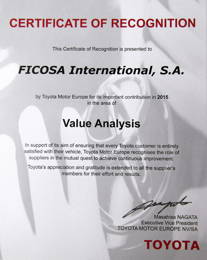 160329_Ficosa_Ficosa is honored by Toyotas Certificate of recognitios 2015 for Value Analysis