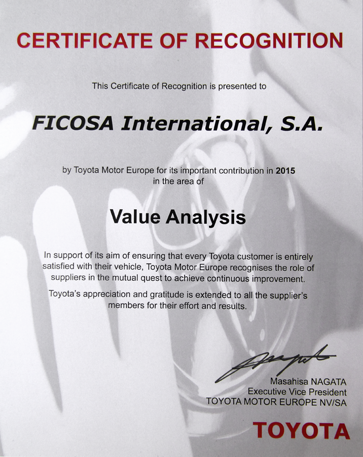 160329_Ficosa_Ficosa is honored by Toyotas Certificate of recognitios 2015 for Value Analysis